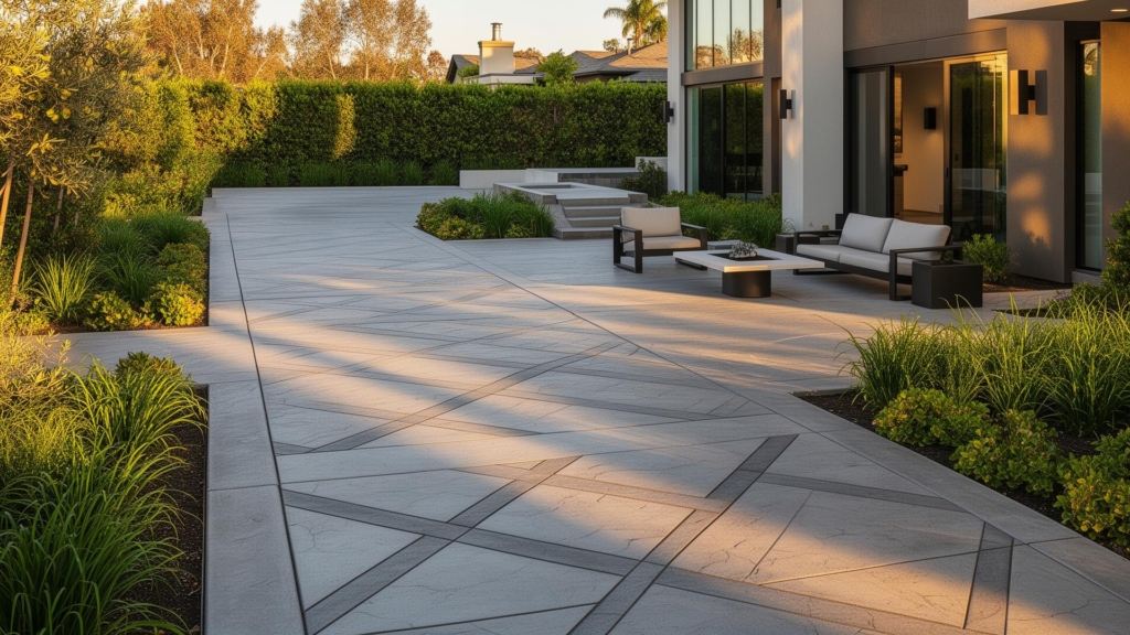 Modern outdoor patio with geometric concrete pavers